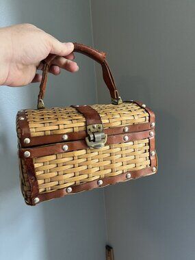 Vintage Handmade Wicker Basket Purse With Leather Accents & Metal Clasp Closure